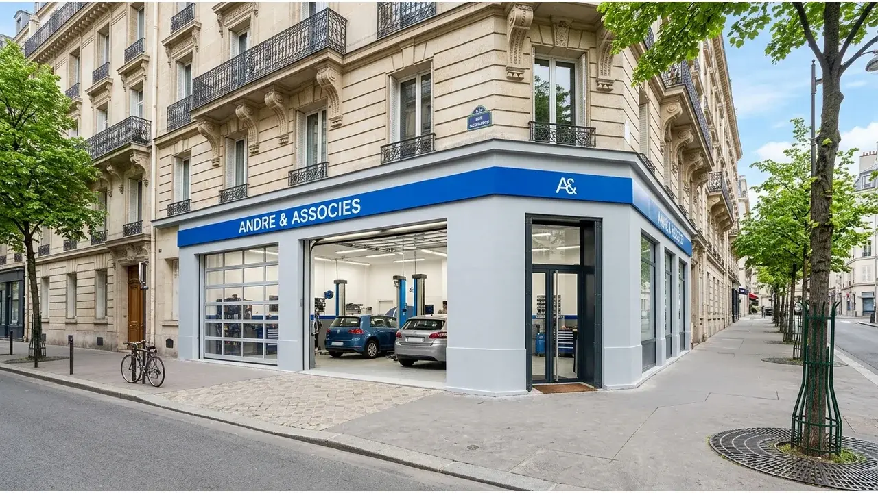 Devanture du garage André & Associés, à l'angle d'une rue des Batignolles à Paris 17e