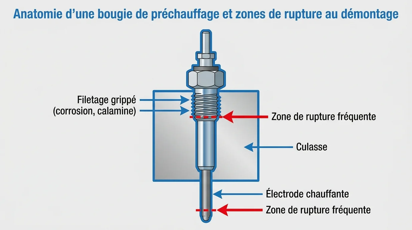 Anatomie d'une bougie de préchauffage et zones de rupture au démontage