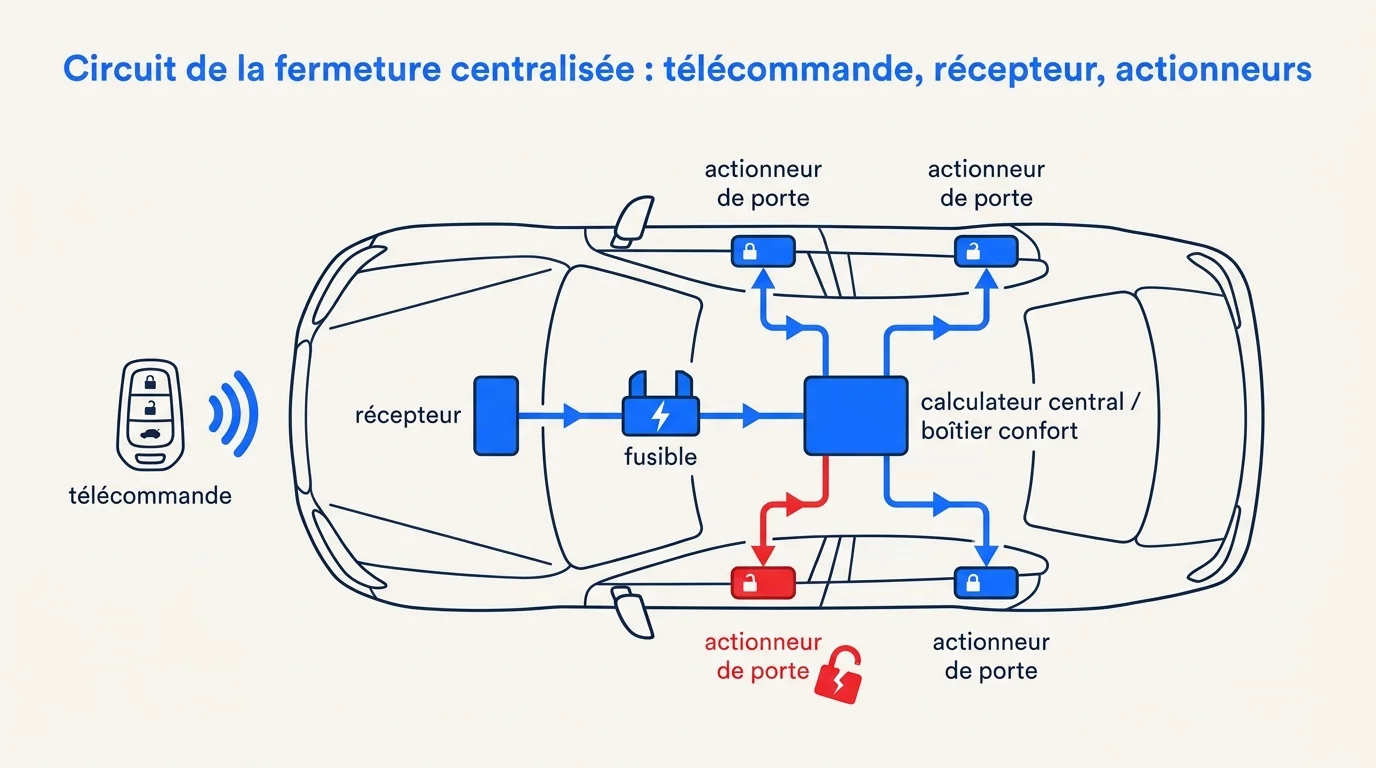 Circuit de la fermeture centralisée : télécommande, récepteur, actionneurs