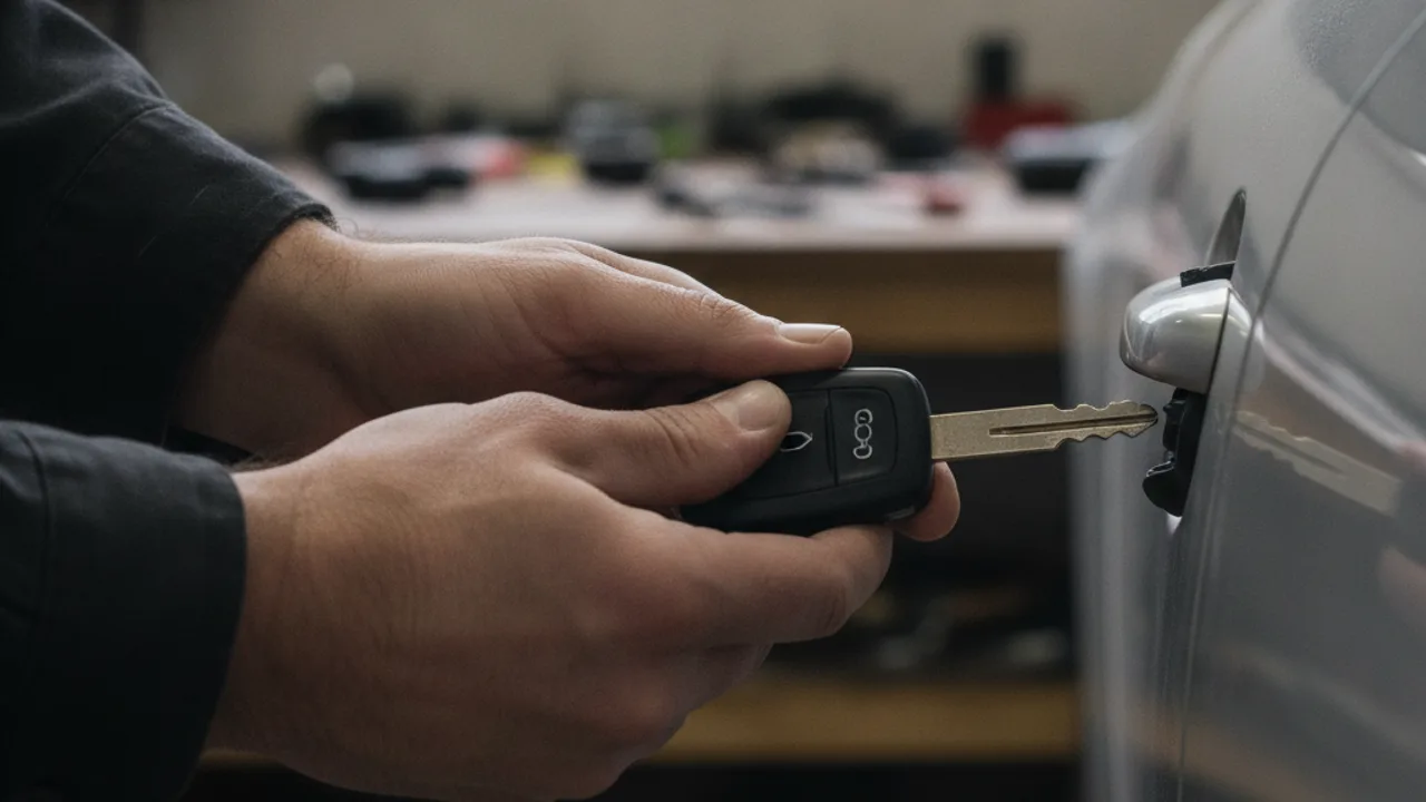 Clé physique de secours extraite de la télécommande, insérée dans la serrure conducteur