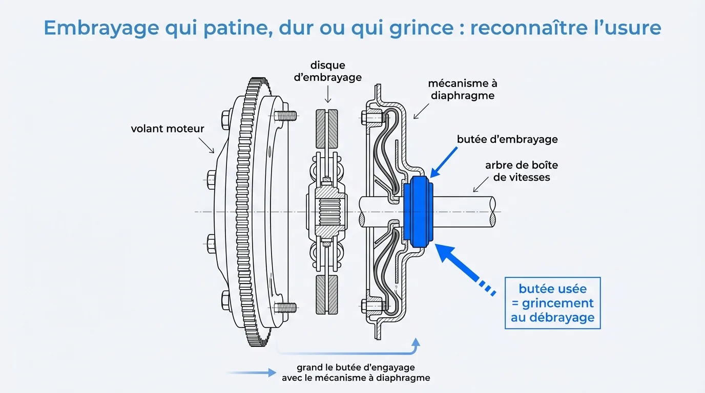 Coupe d'un embrayage avec la butée mise en évidence, source du grincement