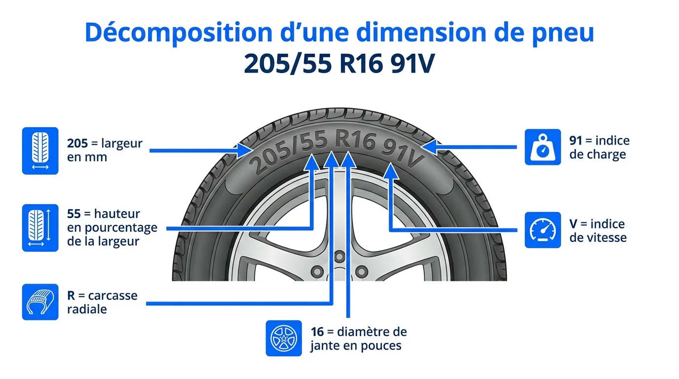 Décomposition d'une dimension de pneu 205/55 R16 91V