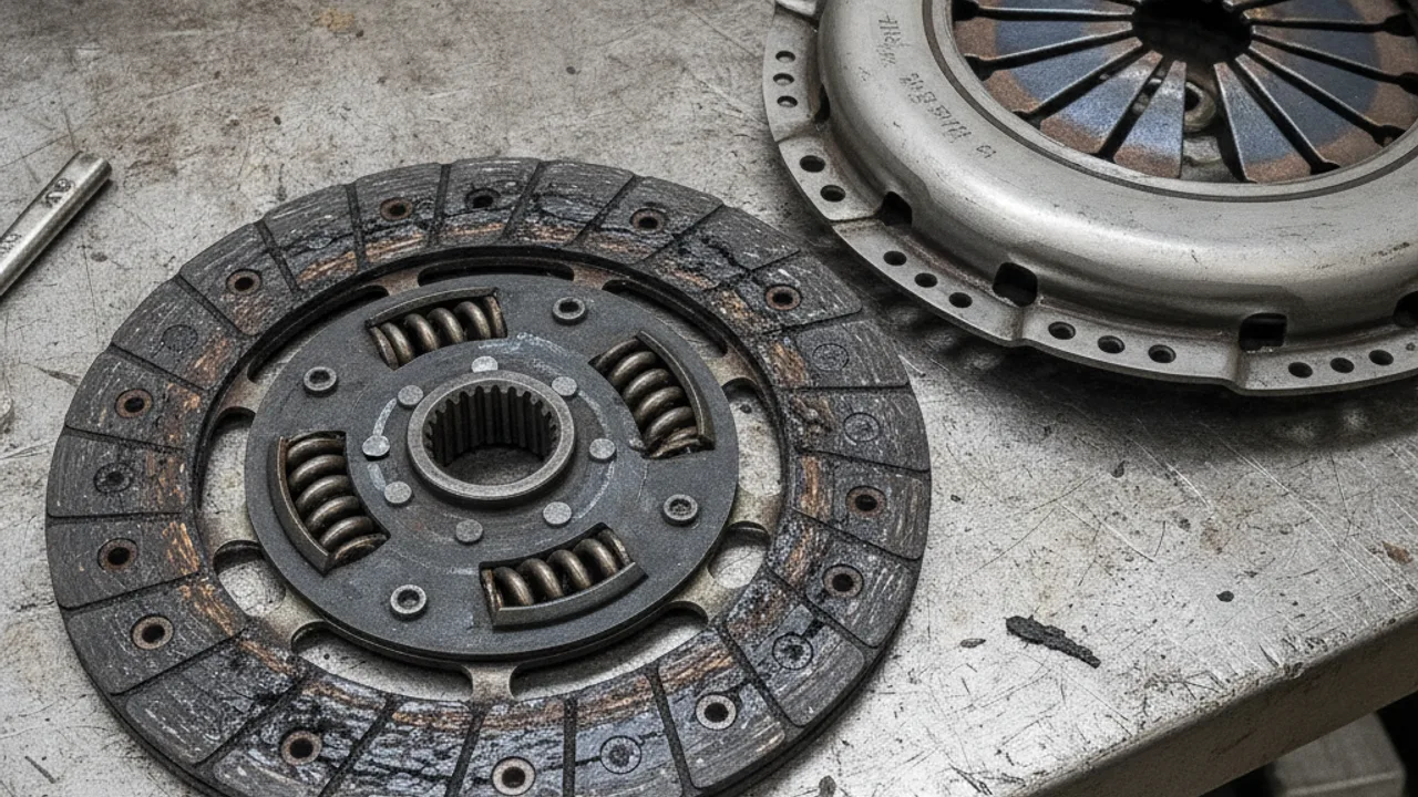 Disque d'embrayage usé et noirci par le patinage, sur l'établi de l'atelier