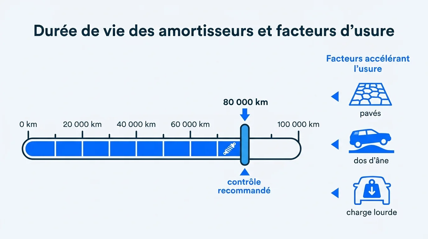 Durée de vie des amortisseurs : environ 80 000 km, réduite par pavés et dos d'âne