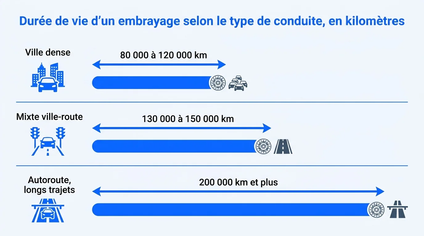 Durée de vie d'un embrayage selon le type de conduite, en kilomètres