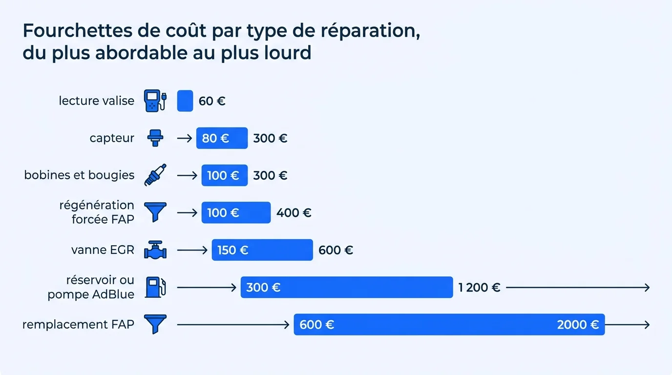 Fourchettes de coût par type de réparation, du plus abordable au plus lourd