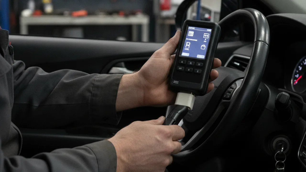 Le branchement de la valise OBD sur la prise diagnostic sous le tableau de bord