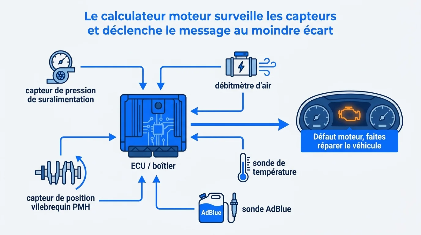 Le calculateur moteur surveille les capteurs et déclenche le message au moindre écart