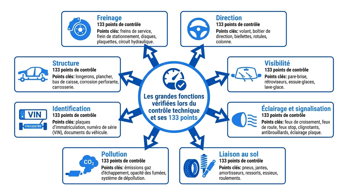 Les grandes fonctions verifiees lors du controle technique et ses 133 points