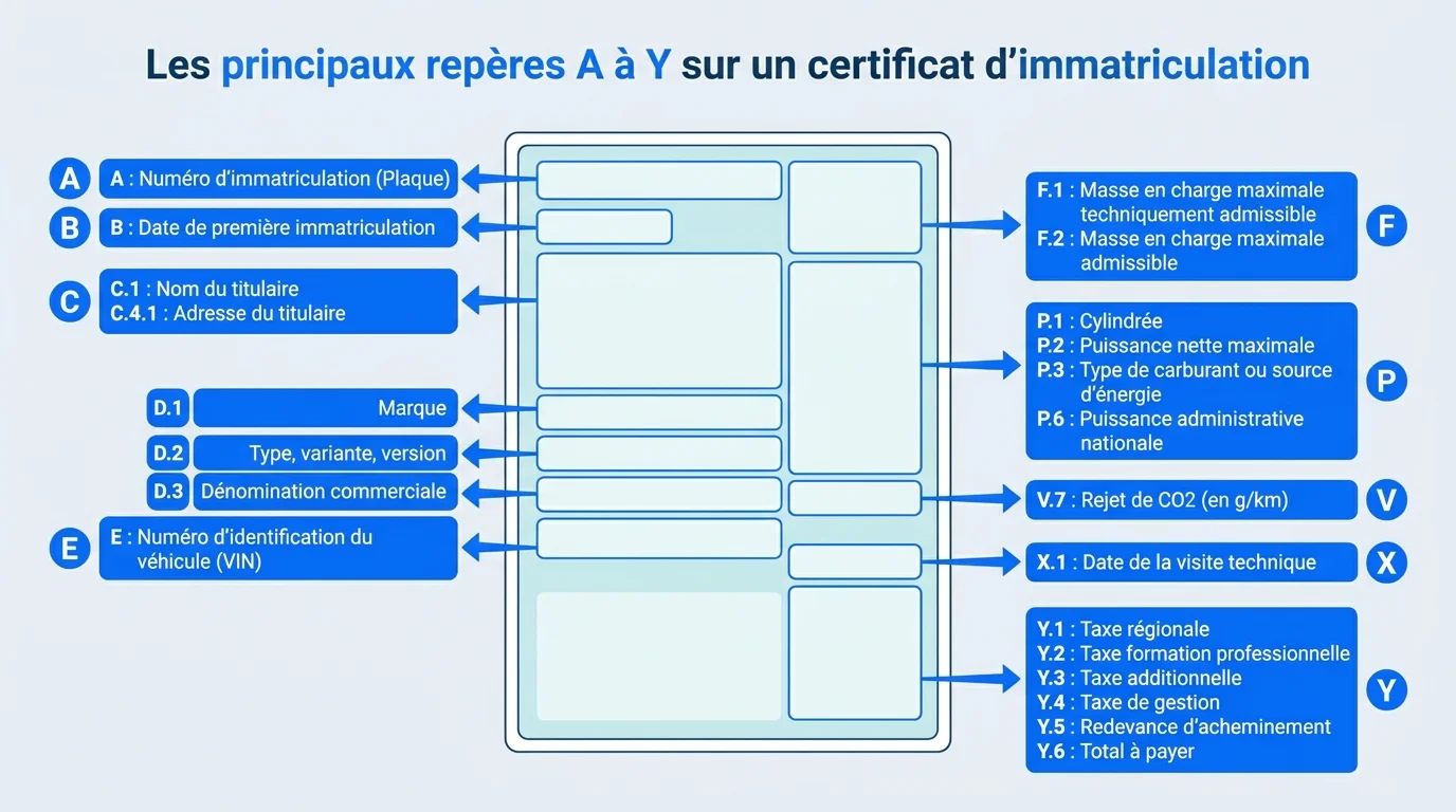 Les principaux repères A à Y sur un certificat d'immatriculation