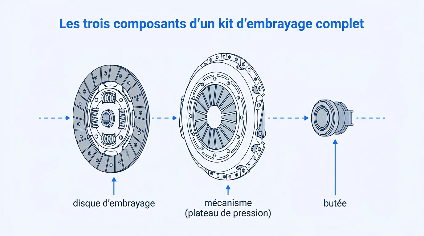 Les trois composants d'un kit d'embrayage complet