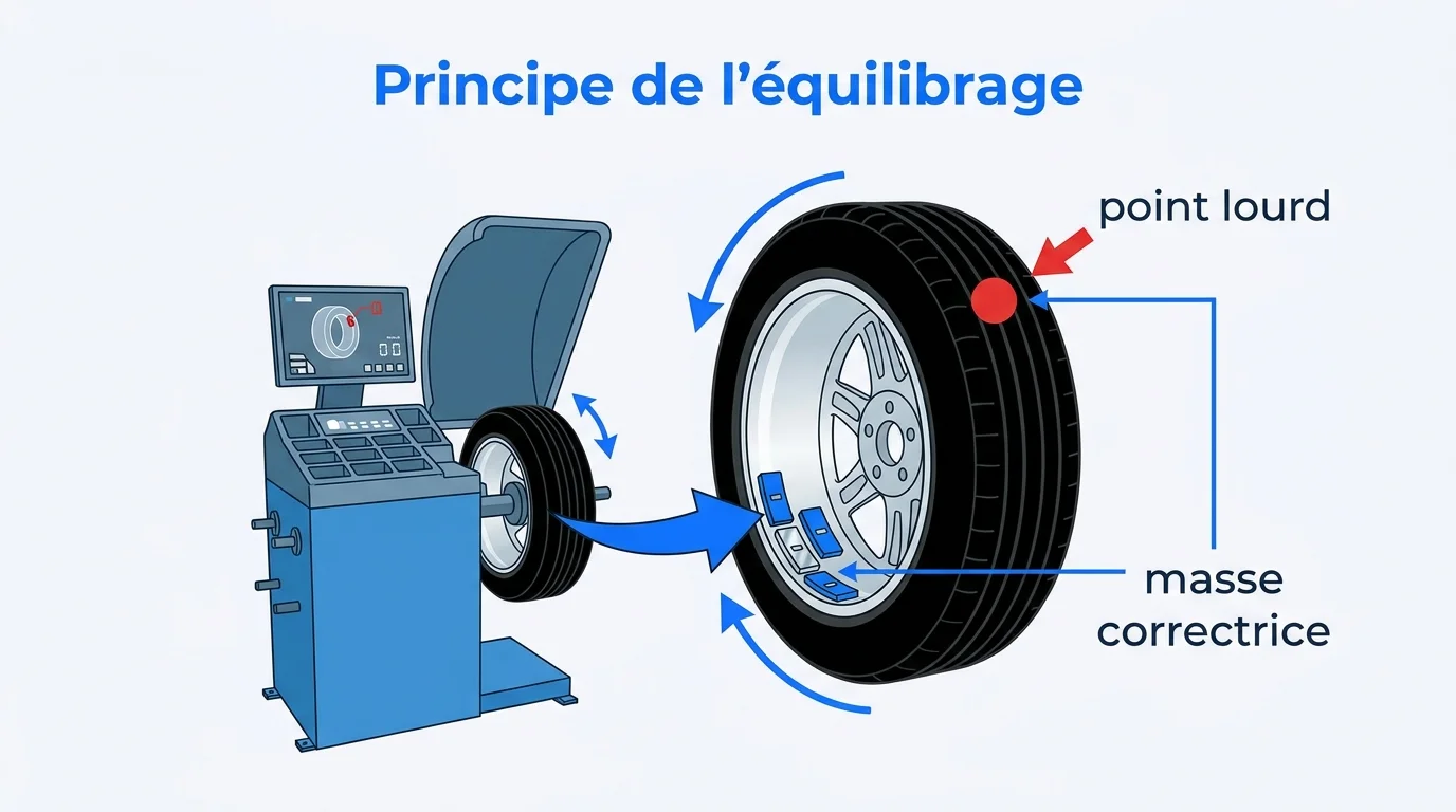 Principe de l'equilibrage : la machine repere le point lourd et indique ou poser les masses correctrices
