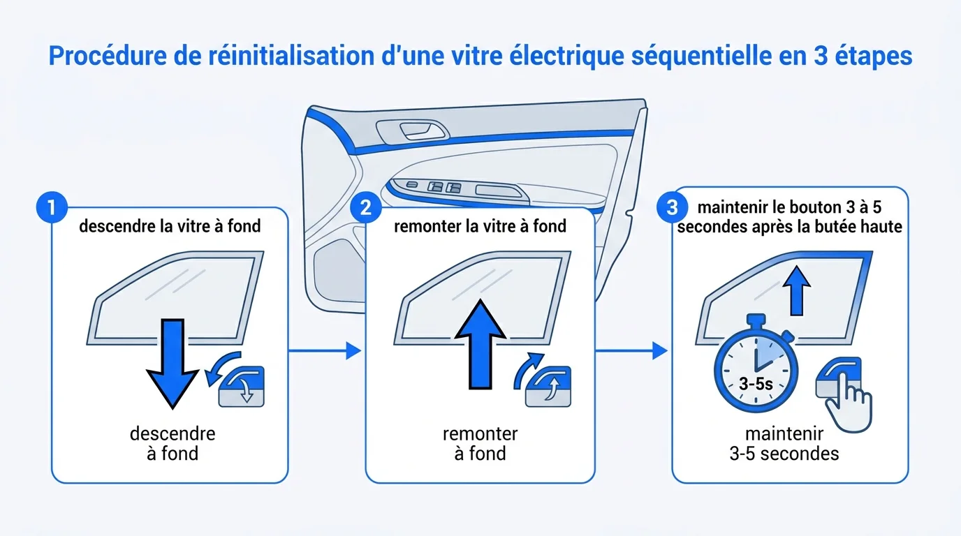 Procédure de réinitialisation d'une vitre électrique séquentielle en 3 étapes