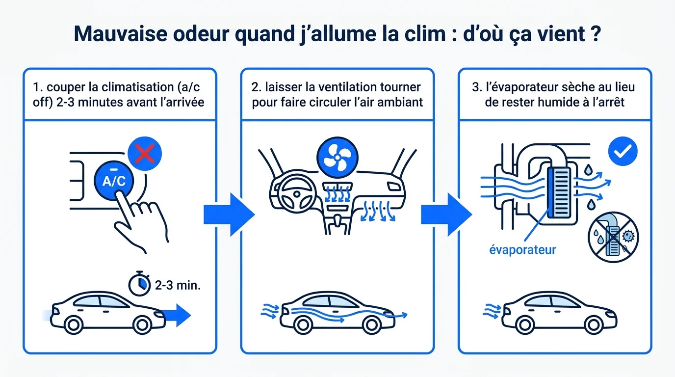 Schéma : couper la clim avant l'arrivée pour laisser sécher l'évaporateur