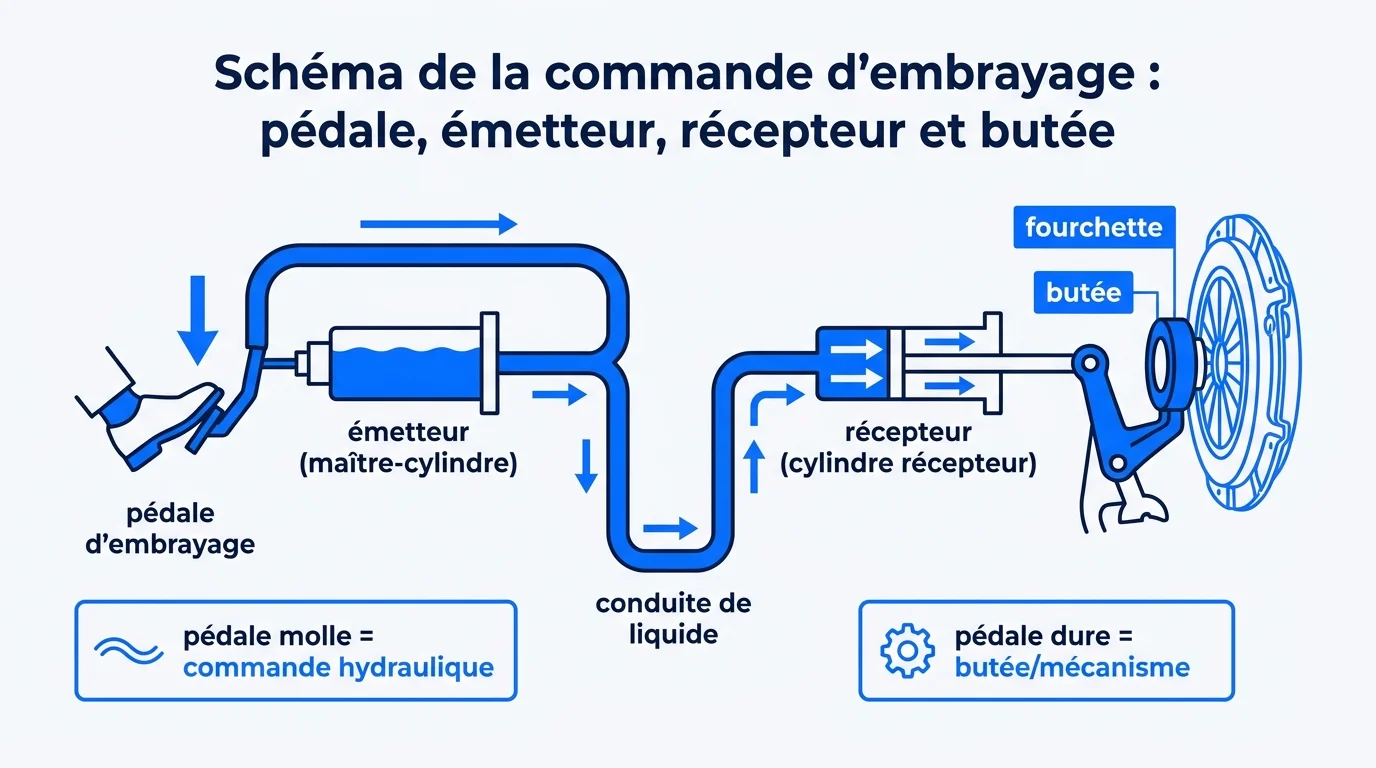 Schéma de la commande d'embrayage : pédale, émetteur, récepteur et butée