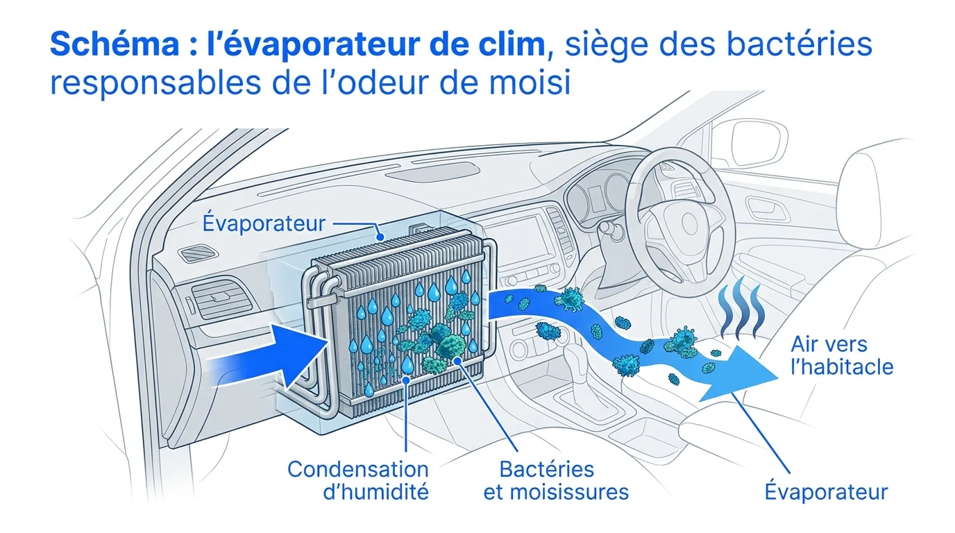 Schéma : l'évaporateur de clim, siège des bactéries responsables de l'odeur de moisi