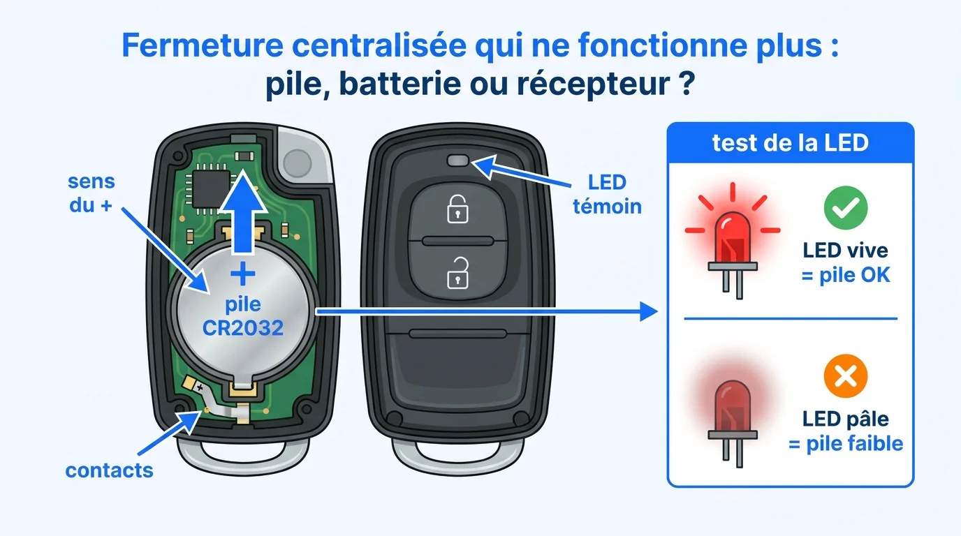 Télécommande de voiture ouverte : pile CR2032 et test de la LED