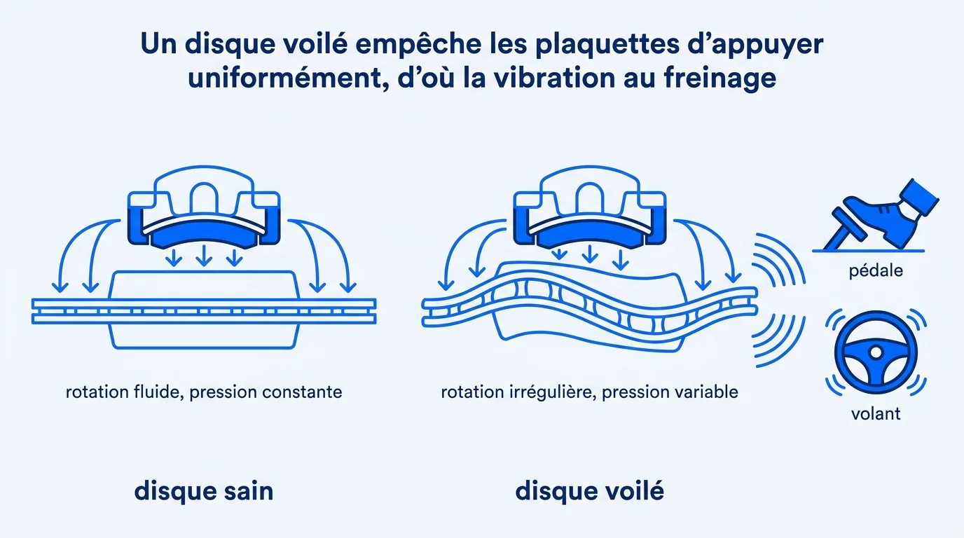 Un disque voile empeche les plaquettes d'appuyer uniformement, d'ou la vibration au freinage