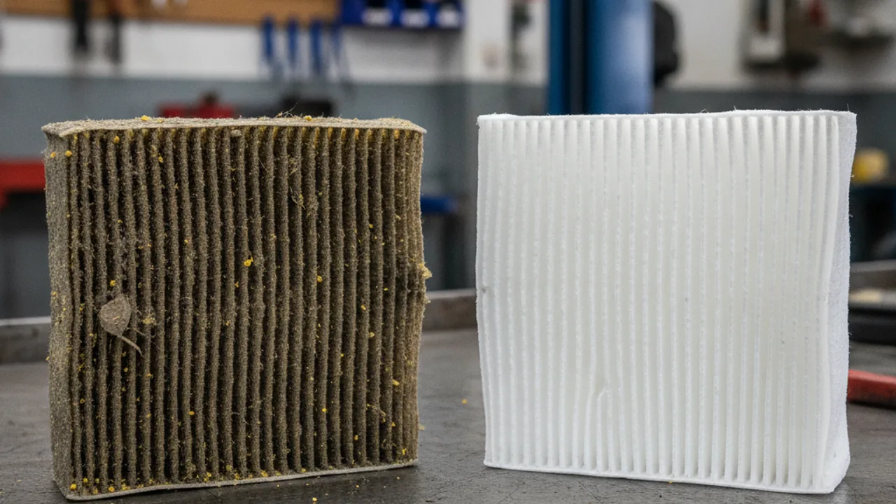 Un filtre habitacle saturé de poussière et de feuilles, source d'odeur et de perte de débit