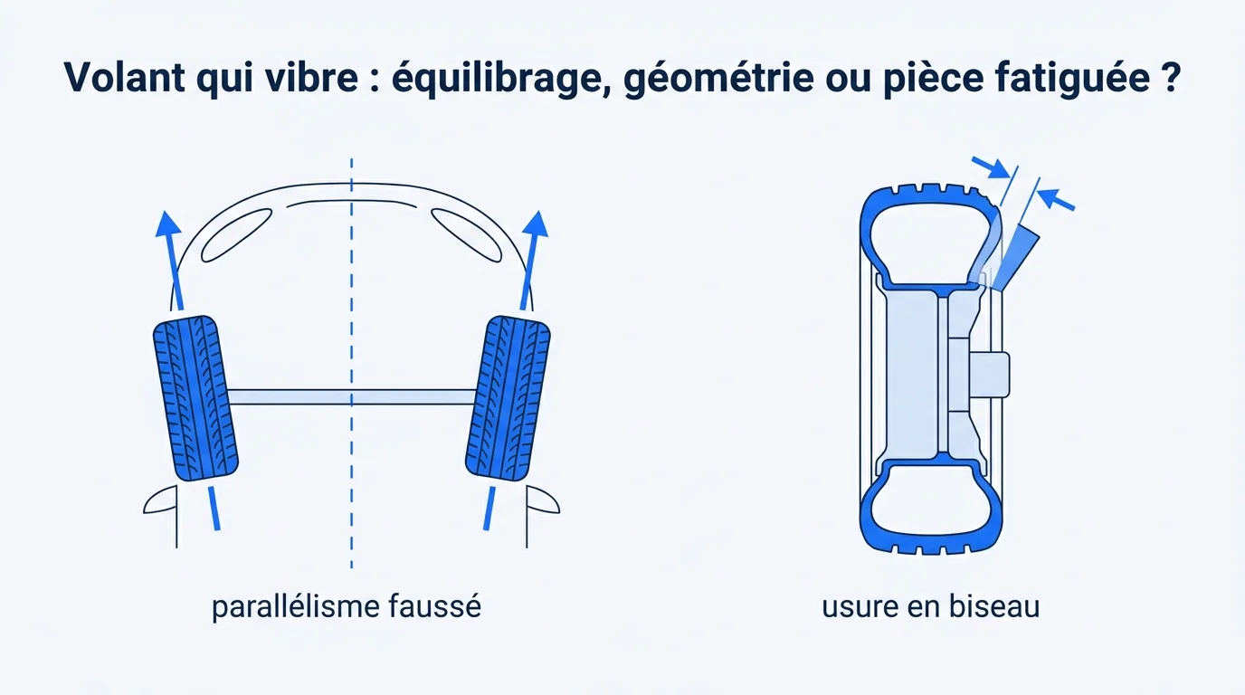 Un parallelisme deregle fausse l'angle des roues et use le pneu en biseau sur un bord